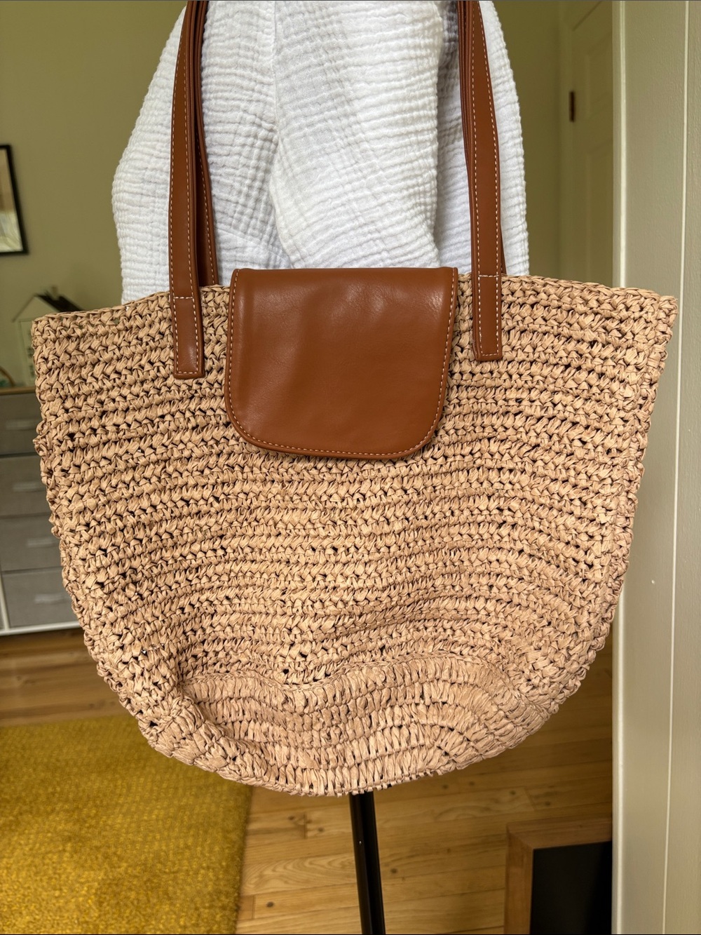 J. Crew Woven Straw Tote Bag with Brown Faux Leather Accents NWOT